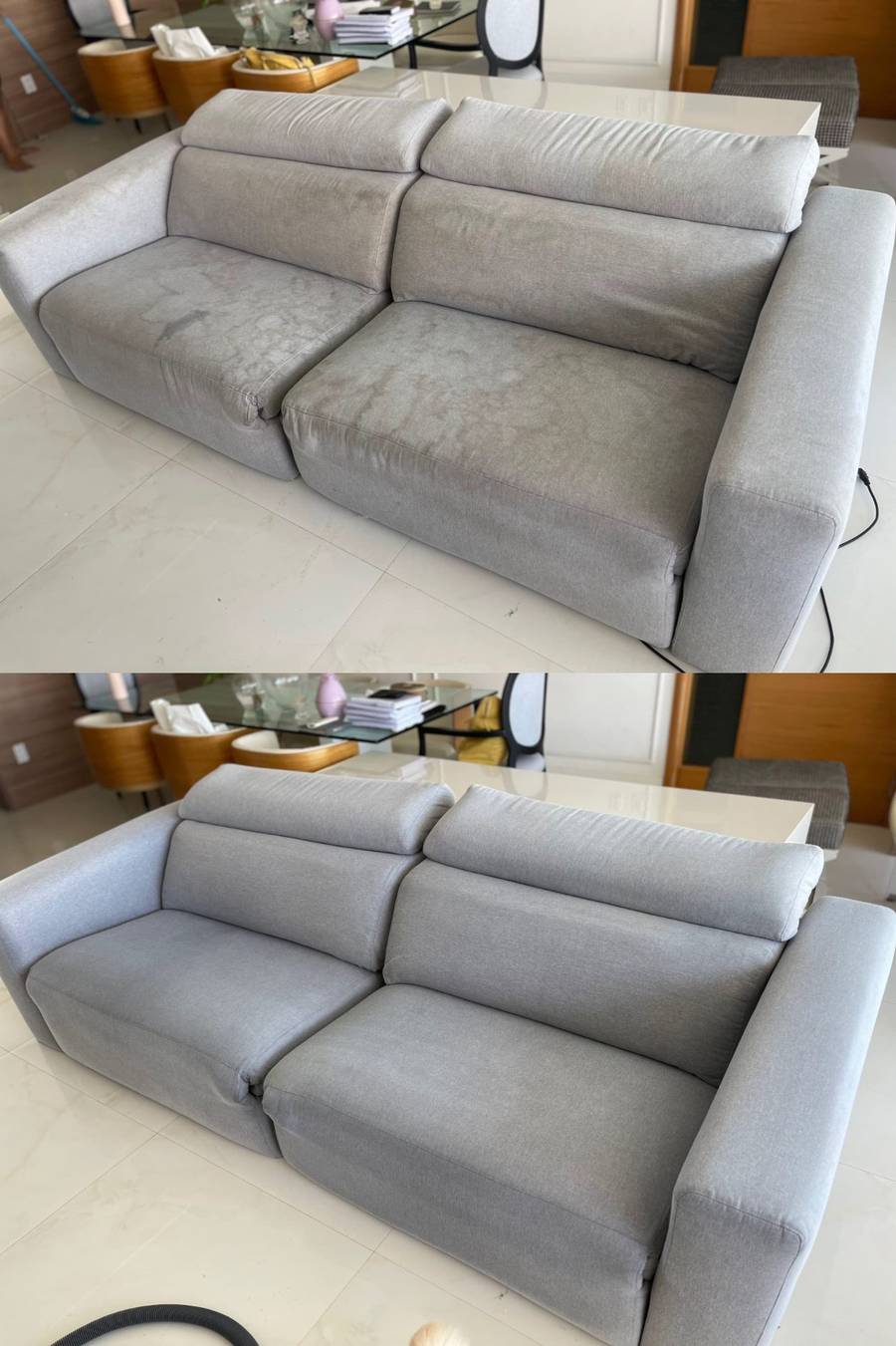 Sofá cinza antes e depois